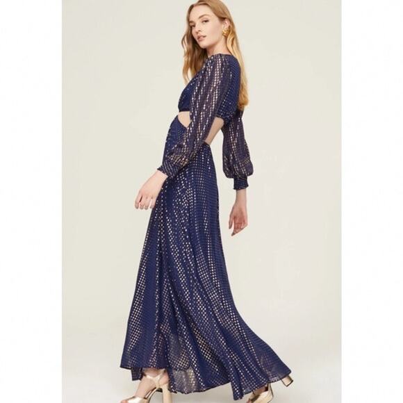 DELFI Collective Cerise Cutout Middle Blue Metallic Gold Dotted Gown Dress L - Picture 2 of 15